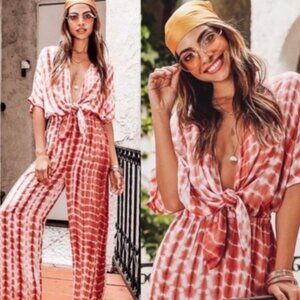 SHEIN VCAY Plunging Neck Knot Front Tie Dye Palazzo Jumpsuit L